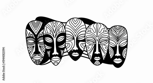 Five stylized black and white tribal masks with intricate line patterns are displayed