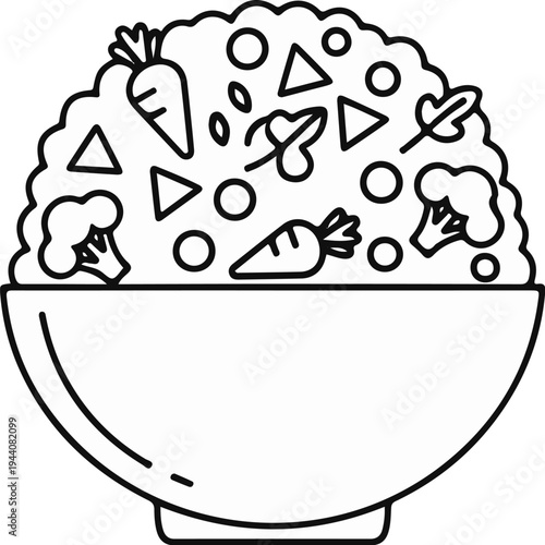 Simple line art illustration of a bowl filled with salad ingredients like carrots, broccoli, and leaves