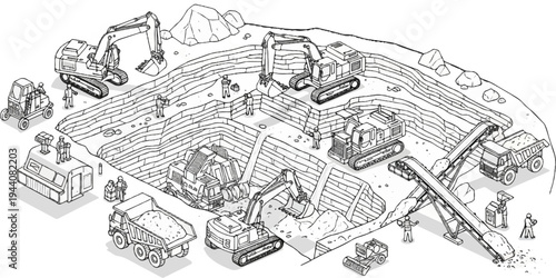 Construction site with excavators, dump trucks, and workers digging a large pit