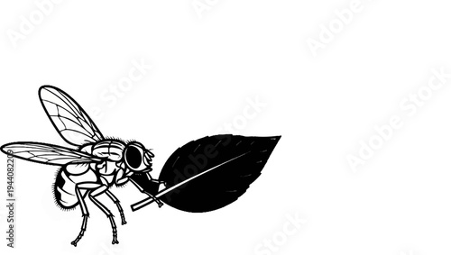 Stylized illustration of a fly with detailed wings and hairy legs holding a dark leaf