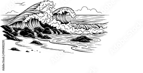 Crashing ocean waves against a rocky shoreline under a cloudy sky