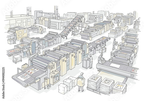 Busy printing factory with multiple machines and workers operating complex machinery
