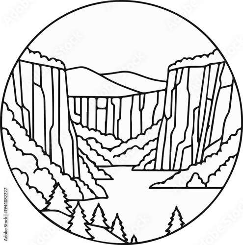 Stylized illustration of a majestic canyon with sheer cliffs, a serene river below, and distant mountains