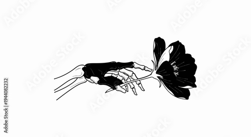 Skeleton hand holding a dark, blooming flower, artistic rendering