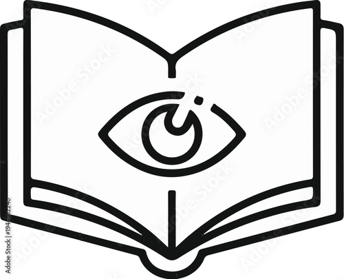 Open book with a stylized eye observing the pages within