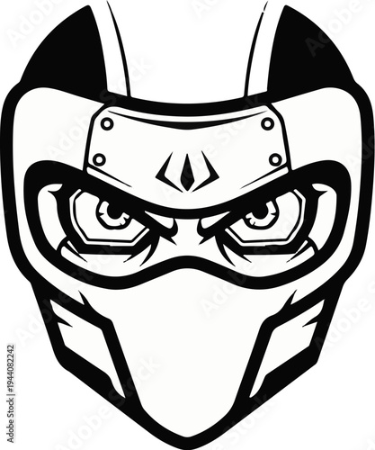 Stylized illustration of a masked, masked, warrior's intense face