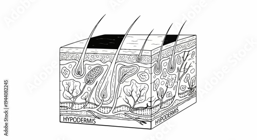 Cross-section illustrating skin layers, hair follicles, and subcutaneous tissue