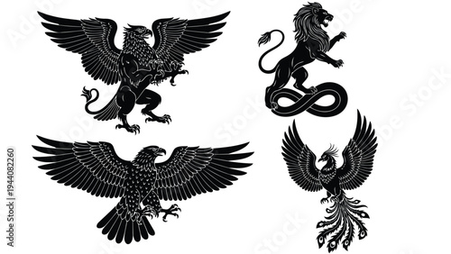 Mythical creatures: eagles with serpentine tails in flight and perched Vector