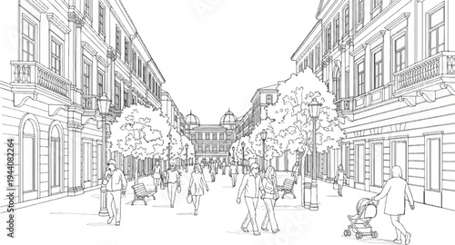 Sketch of a bustling European street lined with ornate buildings and trees, with people strolling and pushing a stroller