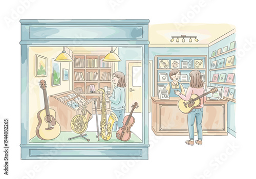 Customers browse musical instruments and records in a charming music shop