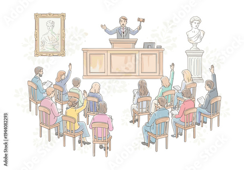 Auctioneer with gavel leads bidding at an art auction with seated attendees raising hands