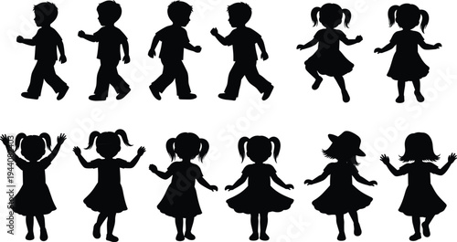 Children silhouette collection, kids walking and dancing poses, boy and girl black silhouettes, playful child activities, vector illustration isolated on white