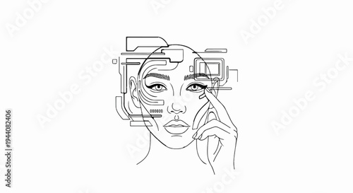 Futuristic woman with cybernetic enhancements and a digital interface