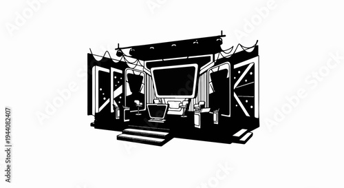 Futuristic television studio set with a large central screen, host desk, chairs, and audience seating areas