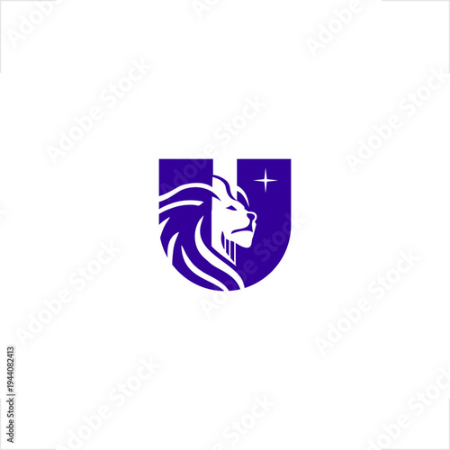 Modern creative lion head silhouette integrated with letter U and star element. Clean negative space style suitable for luxury branding, security firms, consulting, law, and royal corporate business 