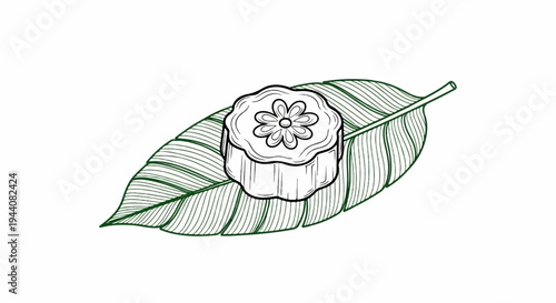 Delicate floral pastry rests on a broad, textured leaf