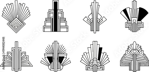 Geometric art deco fan and architectural designs with sharp lines and layered elements