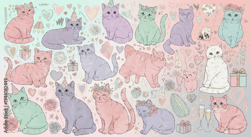 Collection of cute cartoon cats in pastel colors.