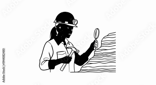 Geologist examines rock layers with a magnifying glass and hammer