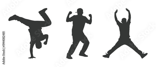 Dynamic Male Street Dance Silhouette Set with Hip Hop Breakdance and Jump Celebration Poses