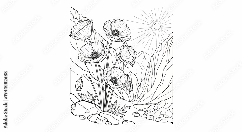 Obraz premium Delicate poppies bloom amidst rugged mountains under a radiant sun