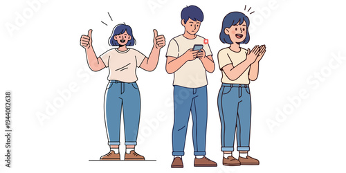 Happy people in casual clothes celebrating and using mobile phones with excitement