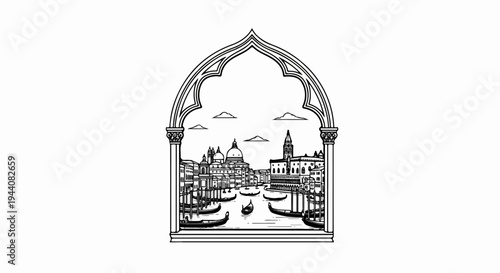 Ornate arch frames a Venetian canal scene with gondolas and historic buildings
