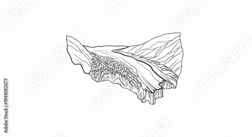 Black and white sketch of a rugged mountain valley with a winding river