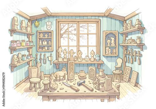 Cozy woodworking studio filled with charming wooden figures and tools