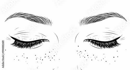 Black and white sketch of a pair of closed eyes with prominent eyelashes and freckles