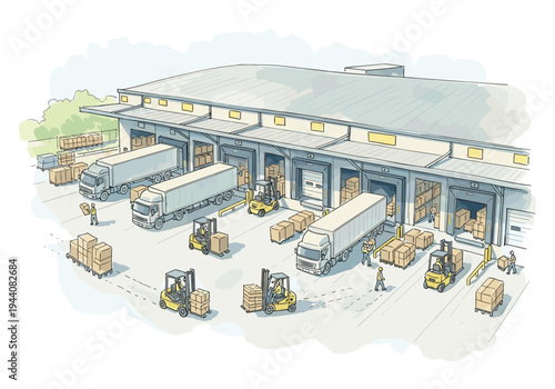 Busy logistics warehouse with trucks, forklifts, and workers loading and unloading cargo