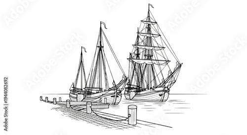 Black and white sketch of tall ships moored at a cobblestone dock