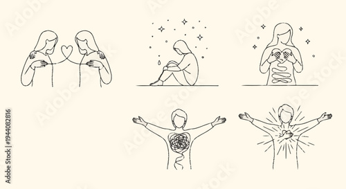 Collection of abstract line art illustrations representing human emotions and connections.