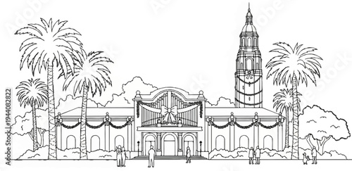 Ornate building facade with a central arch, tower, palm trees, and festive decorations