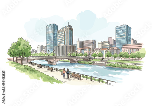 Couple walking along a riverfront promenade with city skyline and bridge in the background