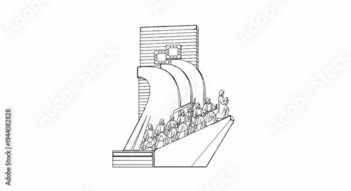 Group of figures on a tiered, architectural structure with curved elements and decorative squares