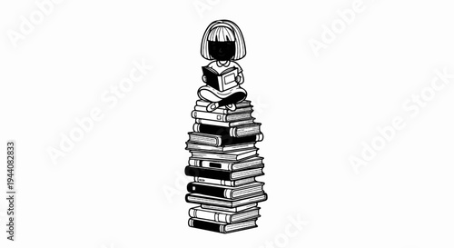 Young person engrossed in reading a book while perched atop a tall stack of diverse volumes