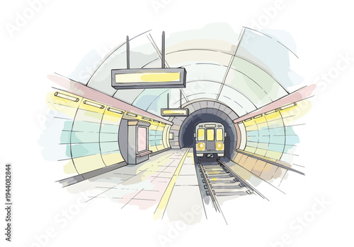 Subway train approaching a brightly lit station platform in a tunnel