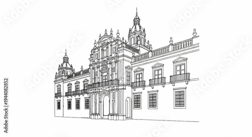 Ornate building facade with grand arched entrance and multiple balconies