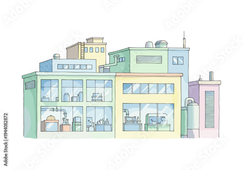 Colorful cartoon illustration of a modern factory building with multiple floors and windows