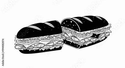 Detailed black and white illustration of two loaded deli sandwiches, sliced and ready to eat