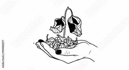 Hand cradling withered flowers and dried leaves