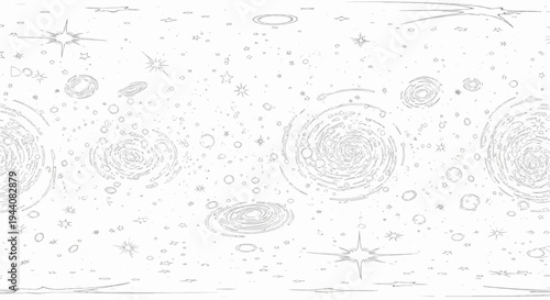 Whimsical line art depicts swirling galaxies, stars, and celestial bodies in a cosmic panorama