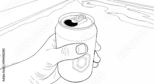 Hand holding a beverage can with an opened tab and a crest design