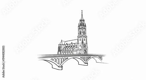 Ornate cathedral stands majestically atop an arched stone bridge