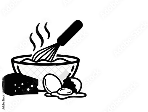 Whisk mixes ingredients in a bowl with steam, alongside cheese and eggs