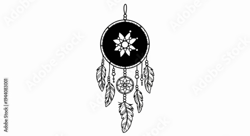 Hand-drawn dream catcher with feather and bead accents, featuring a central starburst