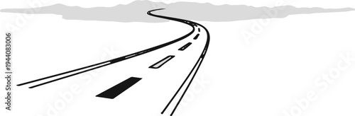 Winding asphalt highway receding into a distant, hazy horizon under a gray sky