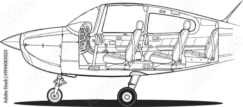 Detailed cross-section illustration of a small aircraft's interior, showing seats, cockpit, and controls