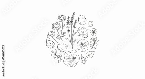 Hand-drawn collection of botanical elements arranged in a circular pattern